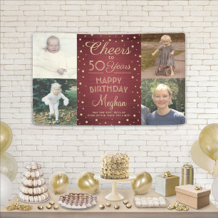 Banderoles ANY Birthday Cheers Brushed Burgundy Gold 4 Photo