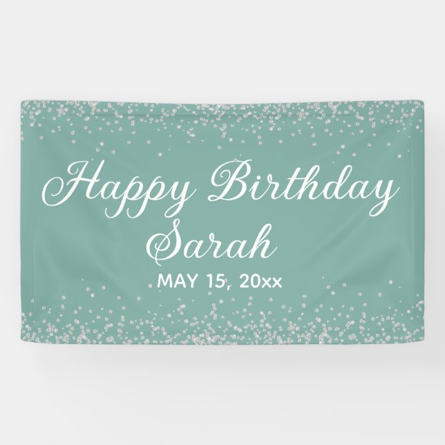Banderoles Aqua Mint Silver Diamond Parties scintillant Joyeu (Horizontal)