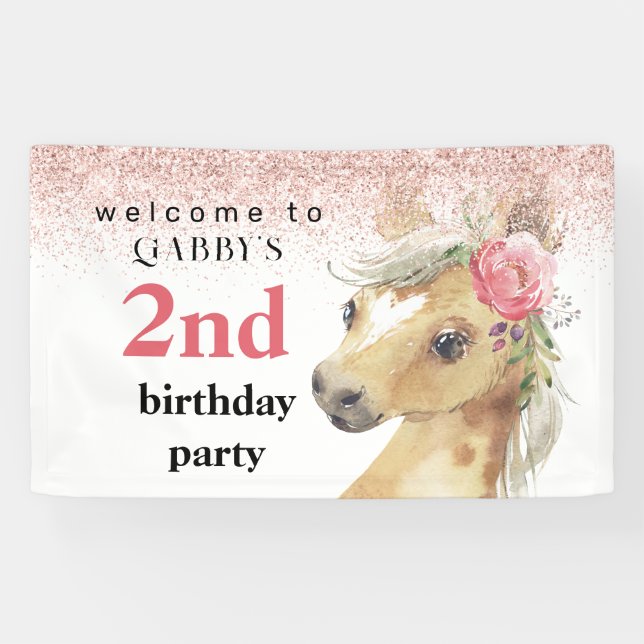 Banderoles Aquarelle 2e anniversaire Pink Pony Party (Horizontal)