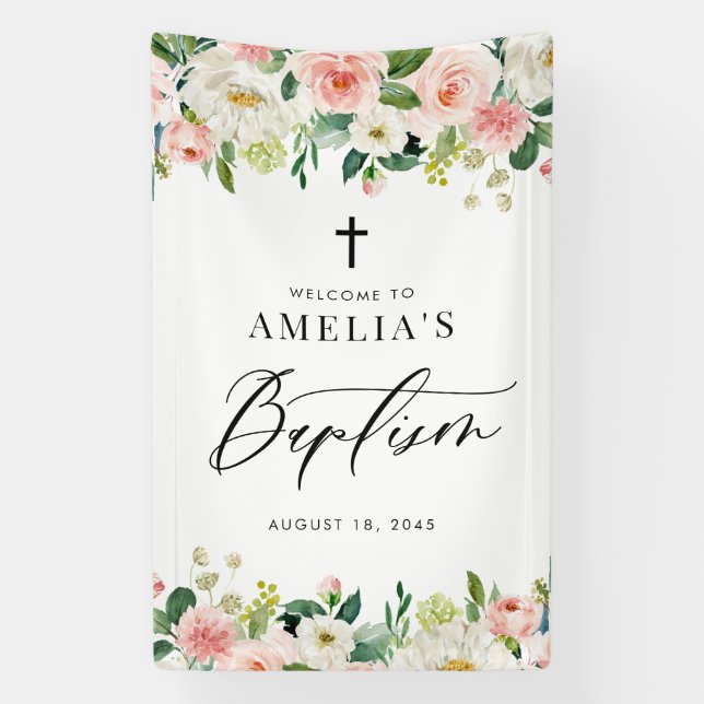 Banderoles Aquarelle Baptême Floral Blanc et Blush (Verticale)