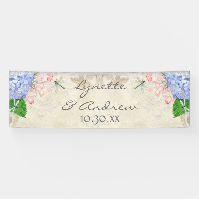 Banderoles Aquarelle bleue de libellule d'hortensia de jardin (Horizontal)