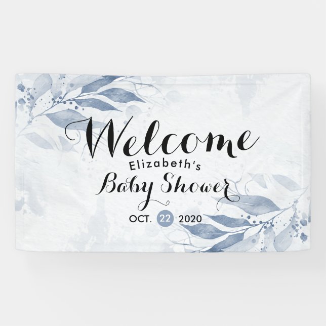 Banderoles Aquarelle bleue Feuille Baby shower Floral Bienven (Horizontal)