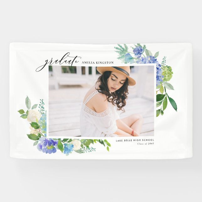 Banderoles Aquarelle Blue Hydrangea Frame Photo Graduation (Horizontal)