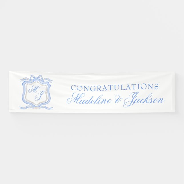 Banderoles Aquarelle Designer Blue Monogram Crest Mariage (Horizontal)