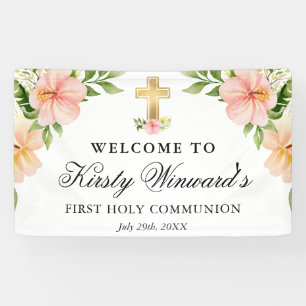 Banderoles Aquarelle Fleurs tropicales Première communion sai