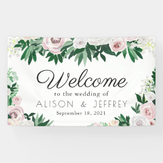 Banderoles Aquarelle Floral Blanc Vert Mariage Bienvenue