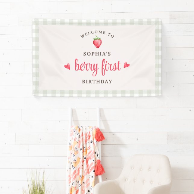 Banderoles Aquarelle Fraise Berry Accueil Premier anniversair (En situation)