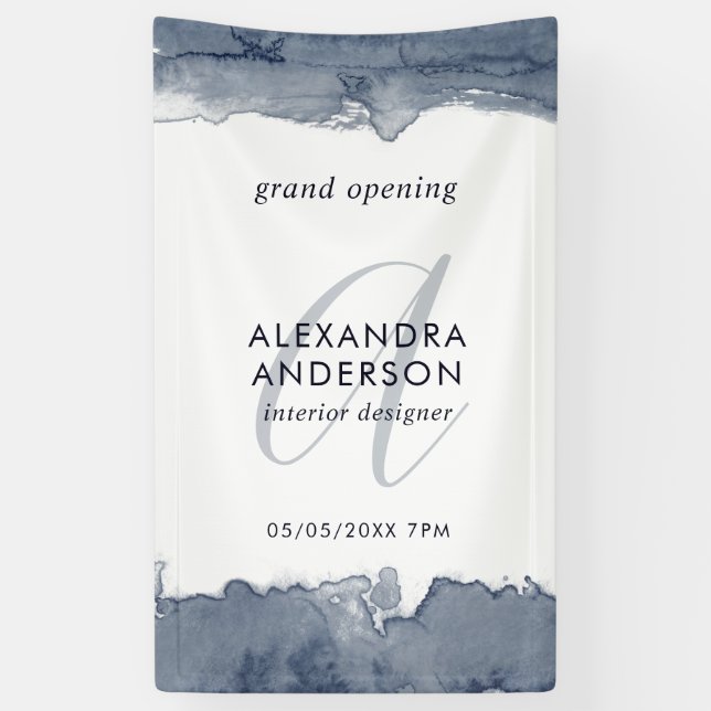 Banderoles Aquarelle gris marine Monogramme Grand ouverture (Vertical)