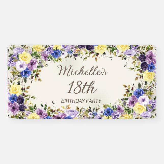 Banderoles Aquarelle jaune pourpre Floral 18e anniversaire (Horizontal)