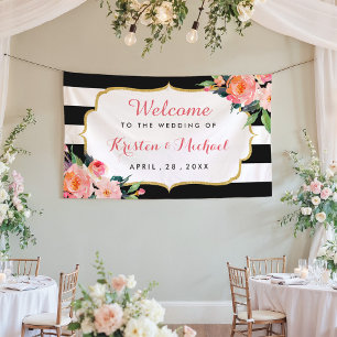 Banderoles Aquarelle mariage Florale Noir Blancs