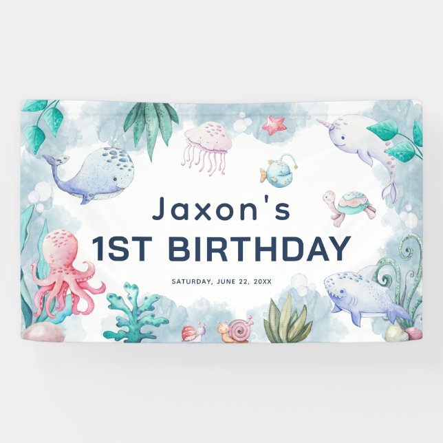 Banderoles Aquarelle mignonne pour enfants sous la mer 1er an (Horizontal)