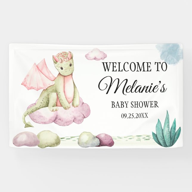 Banderoles Aquarelle Pastel Dragon vert sur un nuage rose (Horizontal)