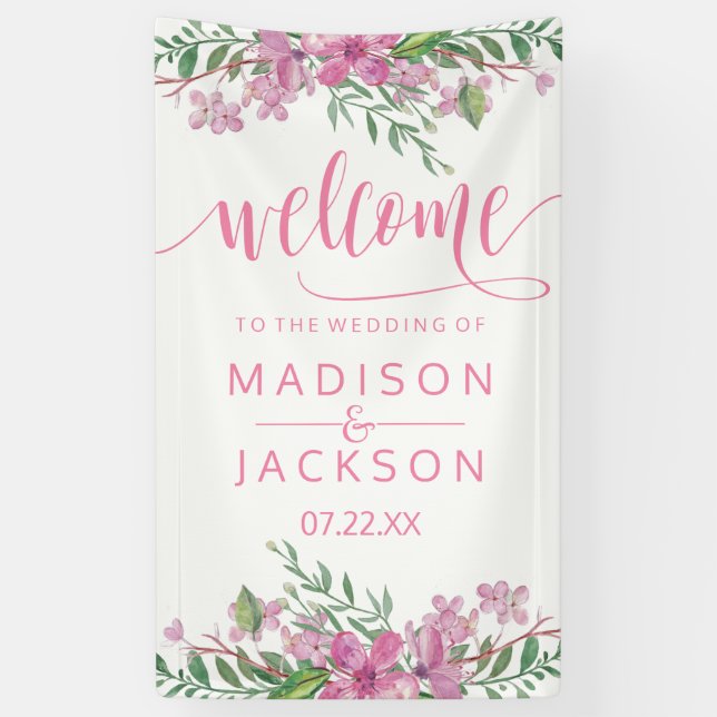 Banderoles Aquarelle rose Amour Blossoms Mariage Bienvenue (Vertical)