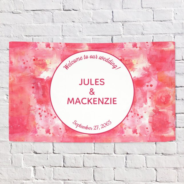 Banderoles Aquarelle rose Confetti Abstraite moderne (Abstract pink watercolor wedding welcom banner with editable text to personalize)
