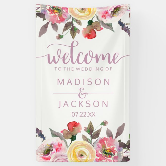 Banderoles Aquarelle Rose douce Mariage Floral Bienvenue (Vertical)
