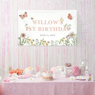 Banderoles Aquarelle rose Fleur sauvage 1er anniversaire