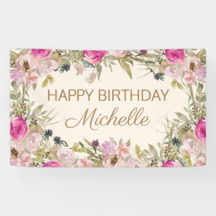 Banderoles Aquarelle rose Floral Joyeux anniversaire