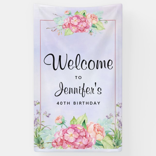 Banderoles Aquarelle rose moderne Cadre Floral Anniversaire (Vertical)
