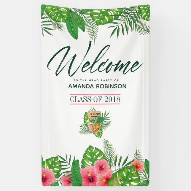 Banderoles Aquarelle tropicale Luau Graduation Bienvenue (Vertical)