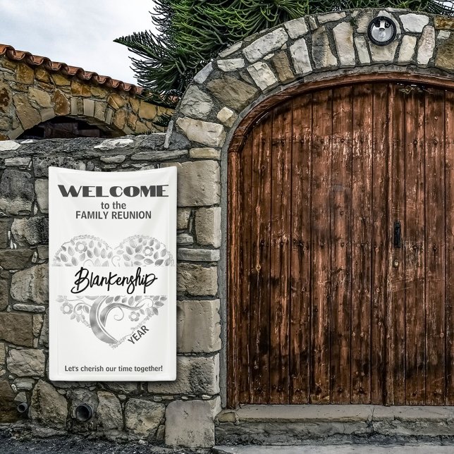Banderoles Arbre Coeur Reunion Famille Personnalisée Arbre Ar (Welcome family with a heart tree art on white with gray text vertical format reunion banner.)