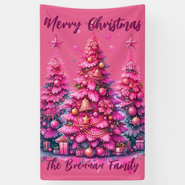 Banderoles Arbre de Noël rose Famille personnalisée (Vertical)