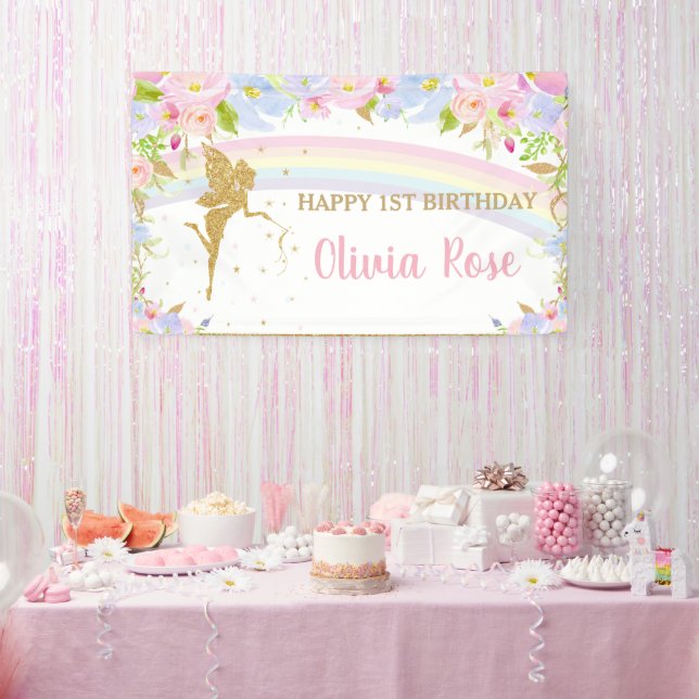 Banderoles Arc-en-ciel Fairy Rose Bleu Floral Anniversaire B (Fête)