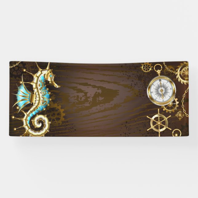 Banderoles Arrière - plan en bois avec cheval de mer mécaniqu (Horizontal)