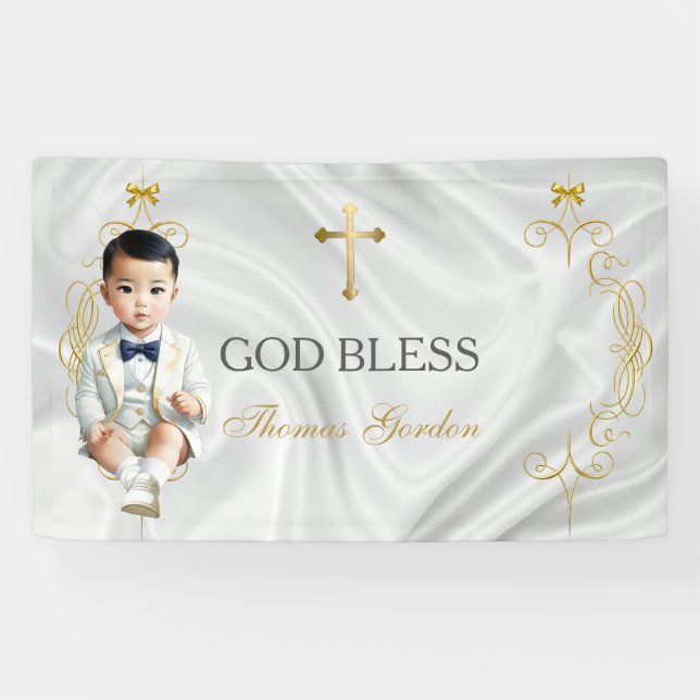 Banderoles Asiatique Baby Boy Baptême Christening Gold (Horizontal)