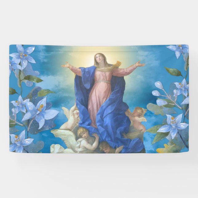 Banderoles Assomption religieuse de Marie Anges Bleu Floral (Horizontal)