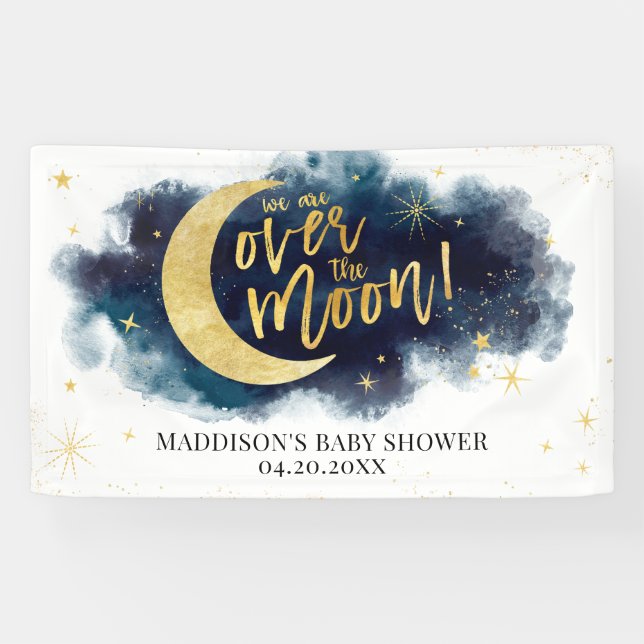 Banderoles Au-dessus du Baby shower bleu Moon Gold Stars (Horizontal)