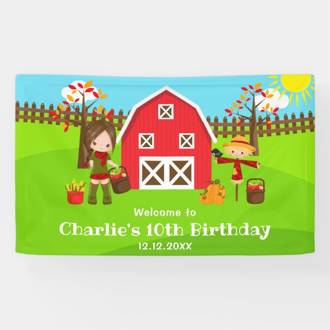 Banderoles Automne Barnyard Anniversaire Brown Cheveux Fille  (Horizontal)