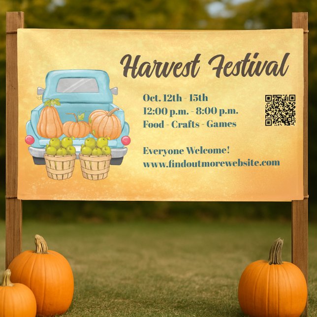 Banderoles Automne Citrouille QR Code Automne Harvest Festiva (ChatGPT said:

Harvest Festival banner with pumpkins, truck, and QR code for easy access to event de)