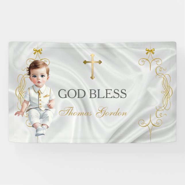 Banderoles Baby Boy Baptism Christening Gold Cross (Horizontal)