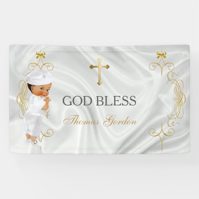 Banderoles Baby Boy Baptism Christening Gold Cross Banner (Horizontal)