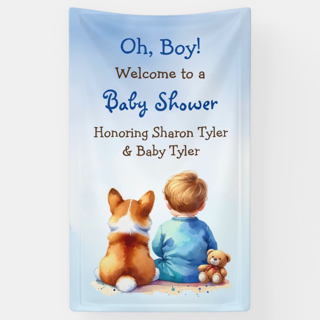 Banderoles Baby Boy et son Baby shower Corgi Puppy (Vertical)