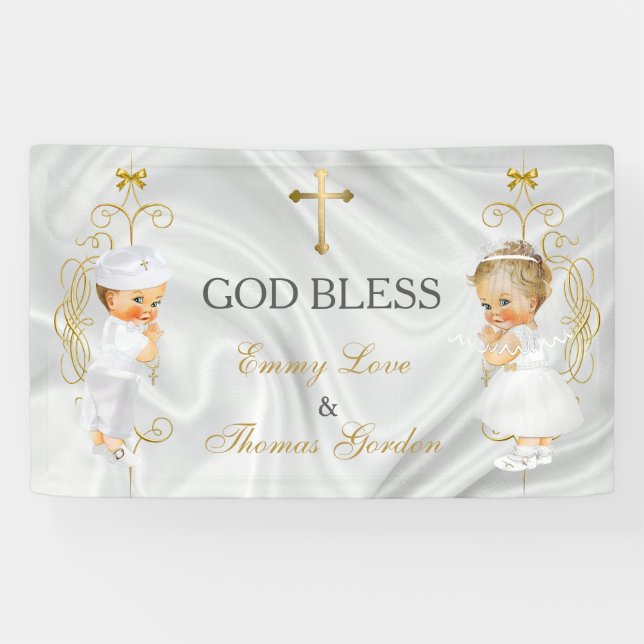 Banderoles Baby Boy & Girl Twins Baptême Christening Gold (Horizontal)
