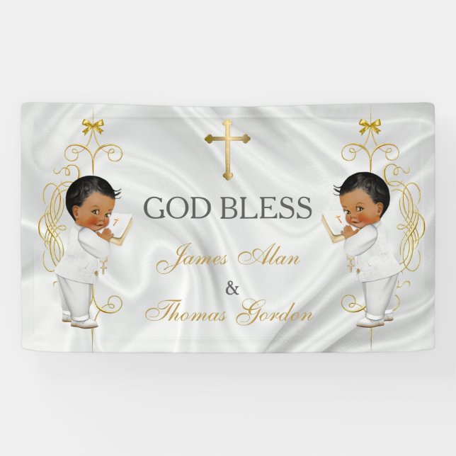 Banderoles Baby Boy Twins Baptême Christening Gold Ethnic (Horizontal)