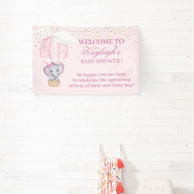 Banderoles Baby Girl Elephant Hot Air Balloon Baby shower (Insitu)