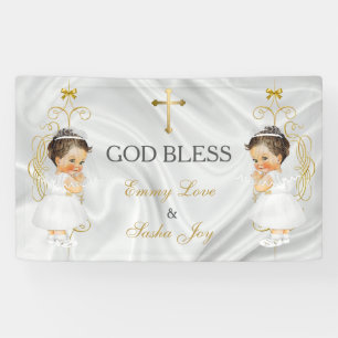 Banderoles Baby Girl Twins Baptême Christening Gold