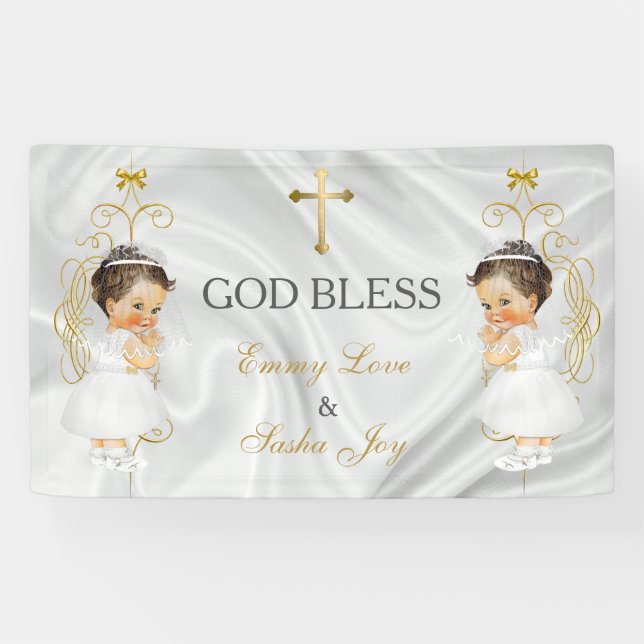 Banderoles Baby Girl Twins Baptême Christening Gold (Horizontal)