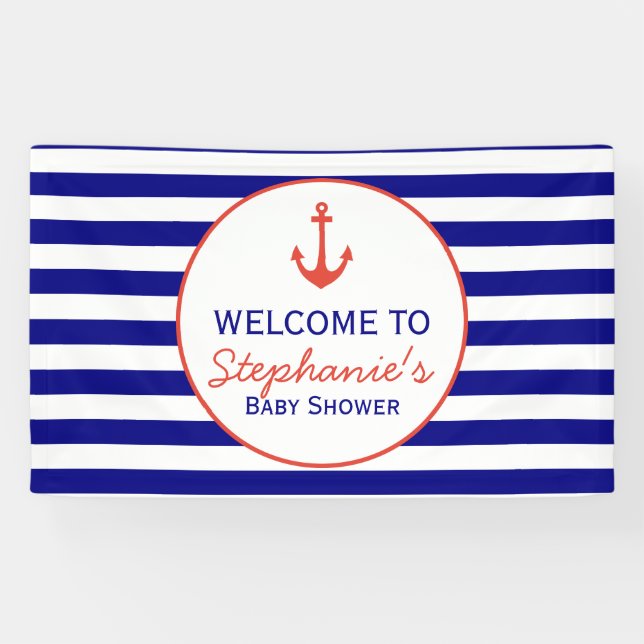 Banderoles Baby shower à rayures marines rouge et marine (Horizontal)