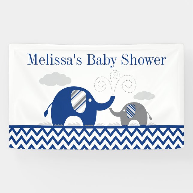 Banderoles Baby shower bleu gris de la marine éléphante (Horizontal)