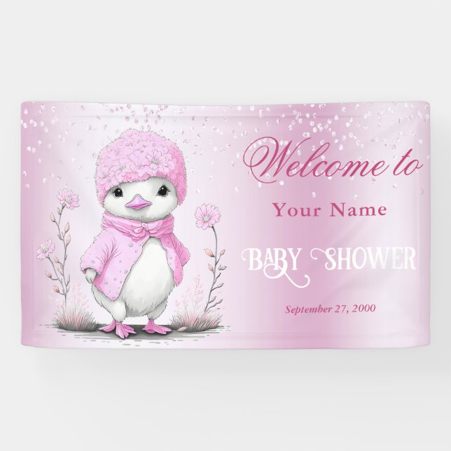 Banderoles Baby shower Canard rose Aquarelle Bienvenue (Horizontal)