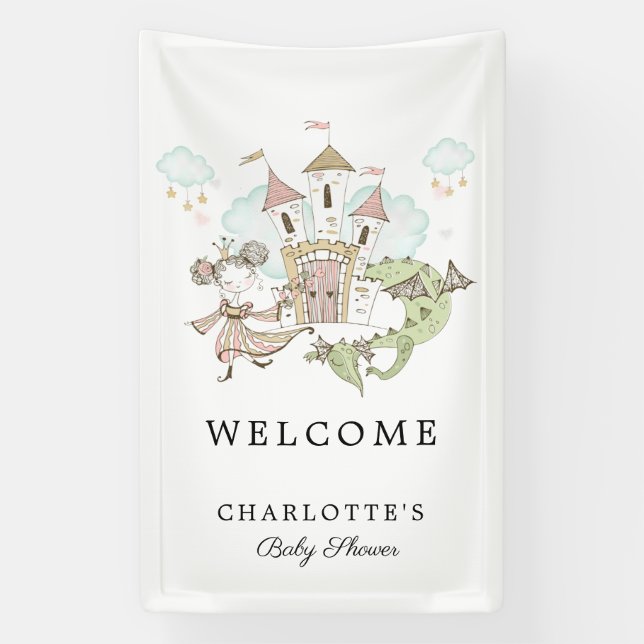 Banderoles Baby shower Castle Princess Dragon Bienvenue (Verticale)