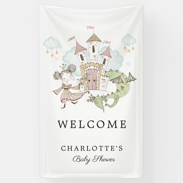 Banderoles Baby shower Castle Princess Dragon Bienvenue (Vertical)