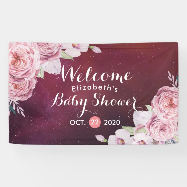 Banderoles Baby shower Chic Boho Plumes florales Bourgogne Ro (Horizontal)