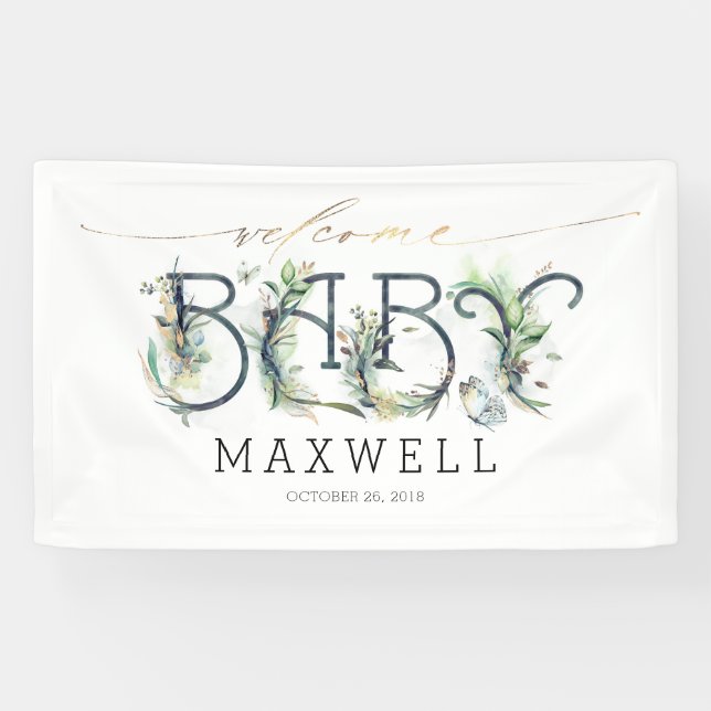 Banderoles Baby shower d'accueil Gold Feuille verdure (Horizontal)