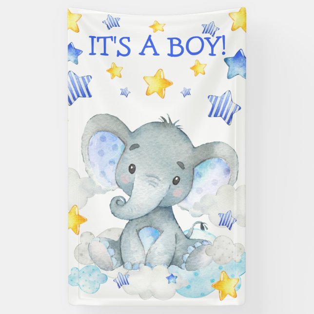 Banderoles Baby shower d'aquarelle Boy Elephant Cute (Vertical)