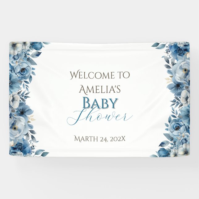 Banderoles Baby shower d'aquarelle Florale bleu moderne (Horizontal)