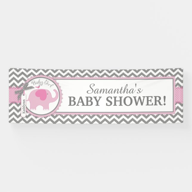 Banderoles Baby shower de Chevron de fille d'éléphant rose (Horizontal)